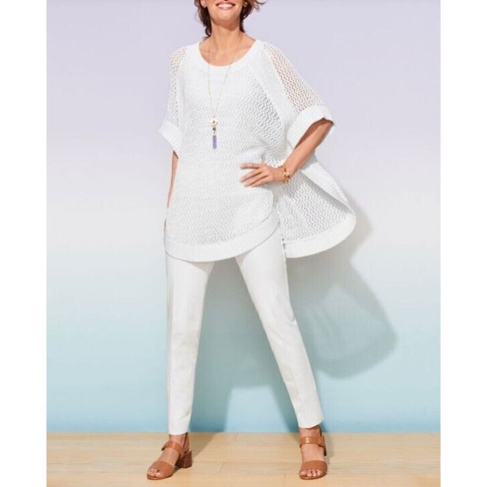 Talbots Poncho Sweater Womens Large White Open Knit Beachy Cover Up Boho